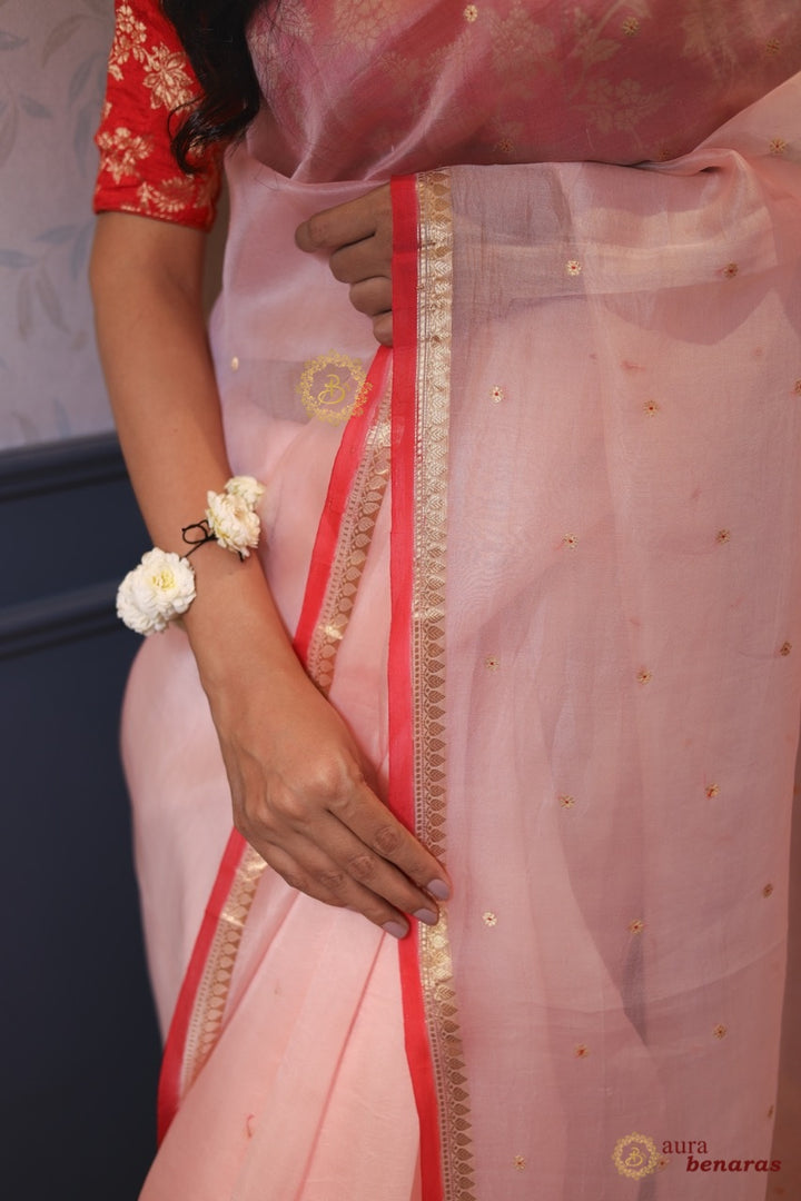 Pale Peach Kora Silk Banarasi Saree with Zari Butis 
