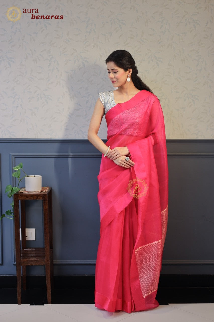 Rani Pink Pure Kora Silk Banarasi Saree with Zari Pallu
