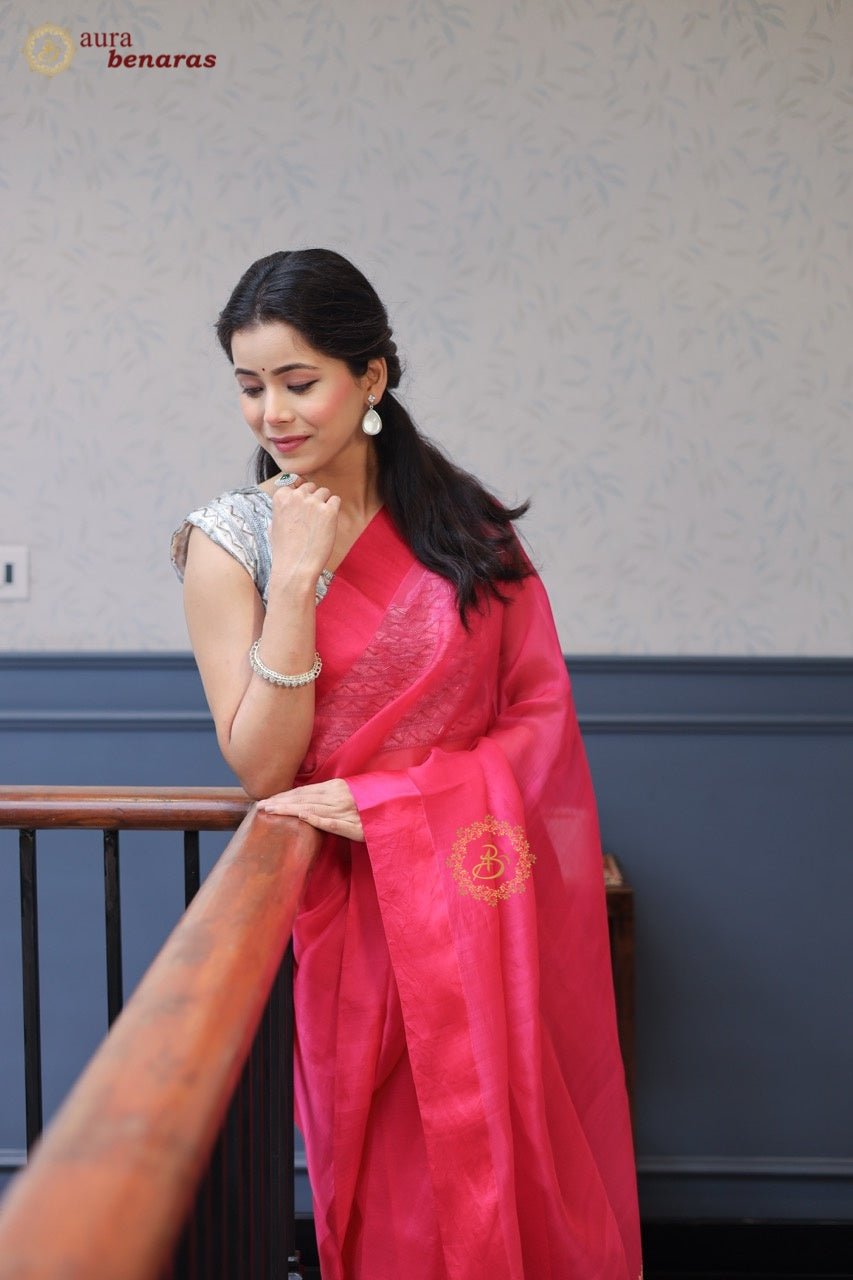 Rani Pink Pure Kora Silk Banarasi Saree with Zari Pallu
