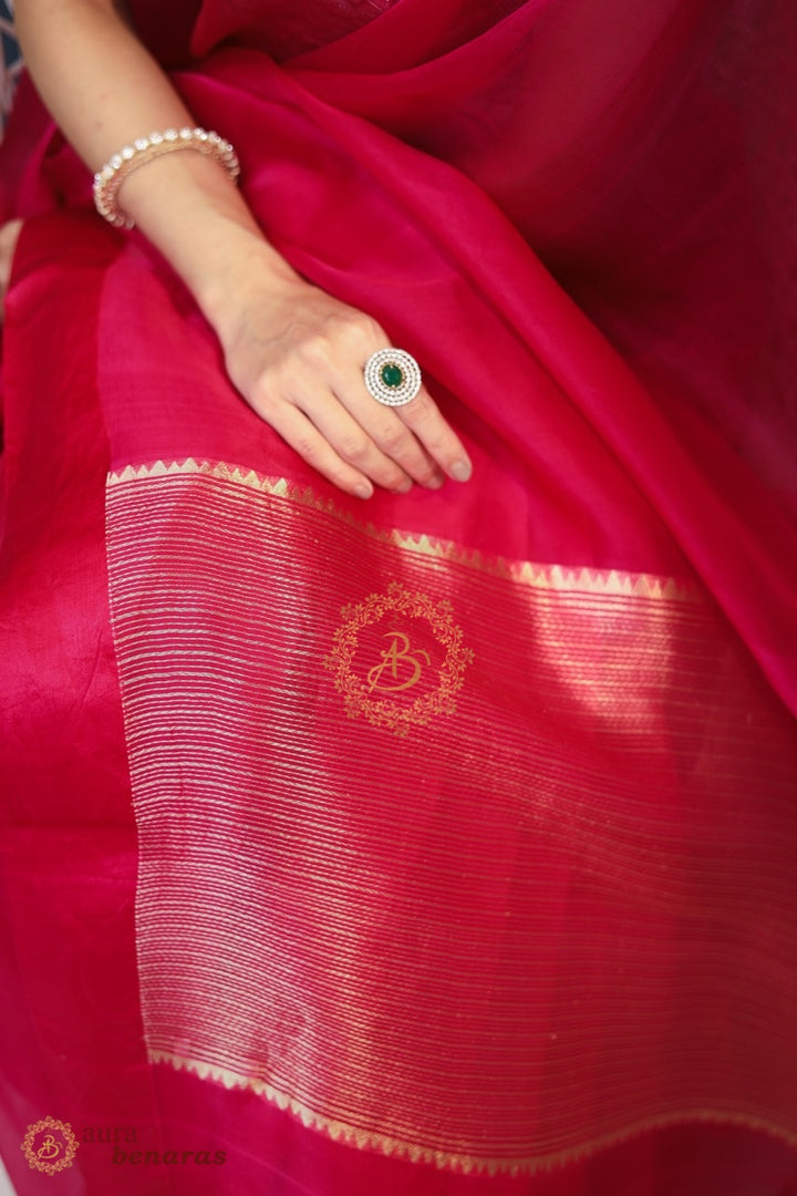 Rani Pink Pure Kora Silk Banarasi Saree with Zari Pallu