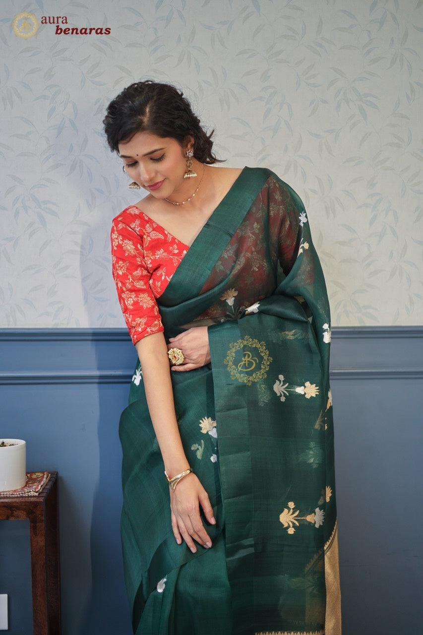 Bottle Green Kora Silk Banarasi Saree with Sona Rupa Butas
