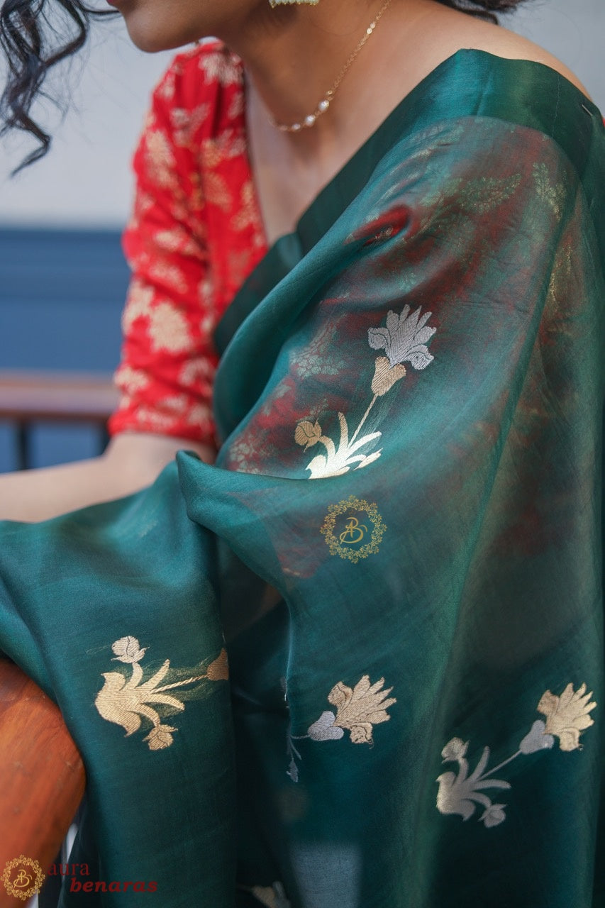 Bottle Green Kora Silk Banarasi Saree with Sona Rupa Butas