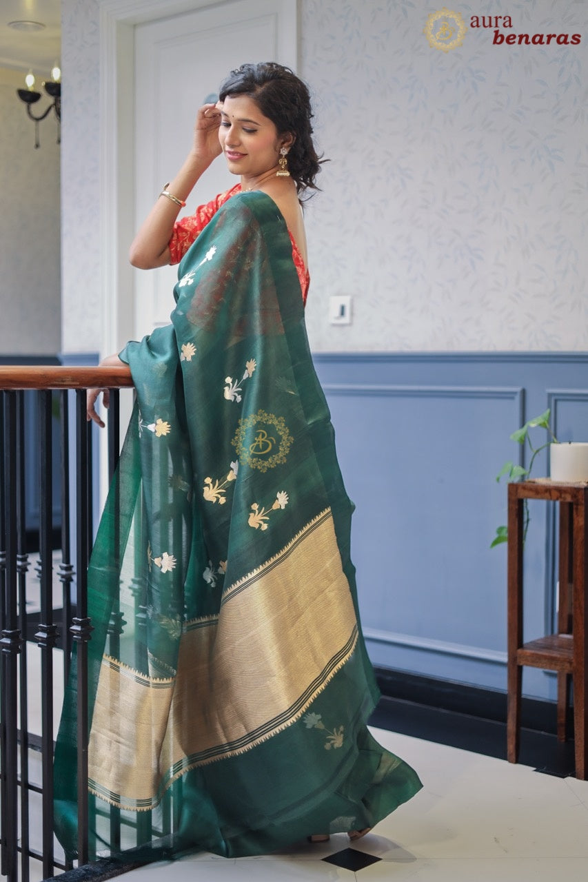 Bottle Green Kora Silk Banarasi Saree with Sona Rupa Butas