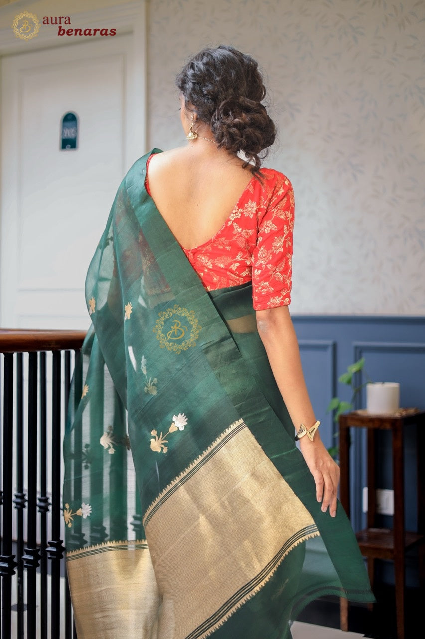 Bottle Green Kora Silk Banarasi Saree with Sona Rupa Butas