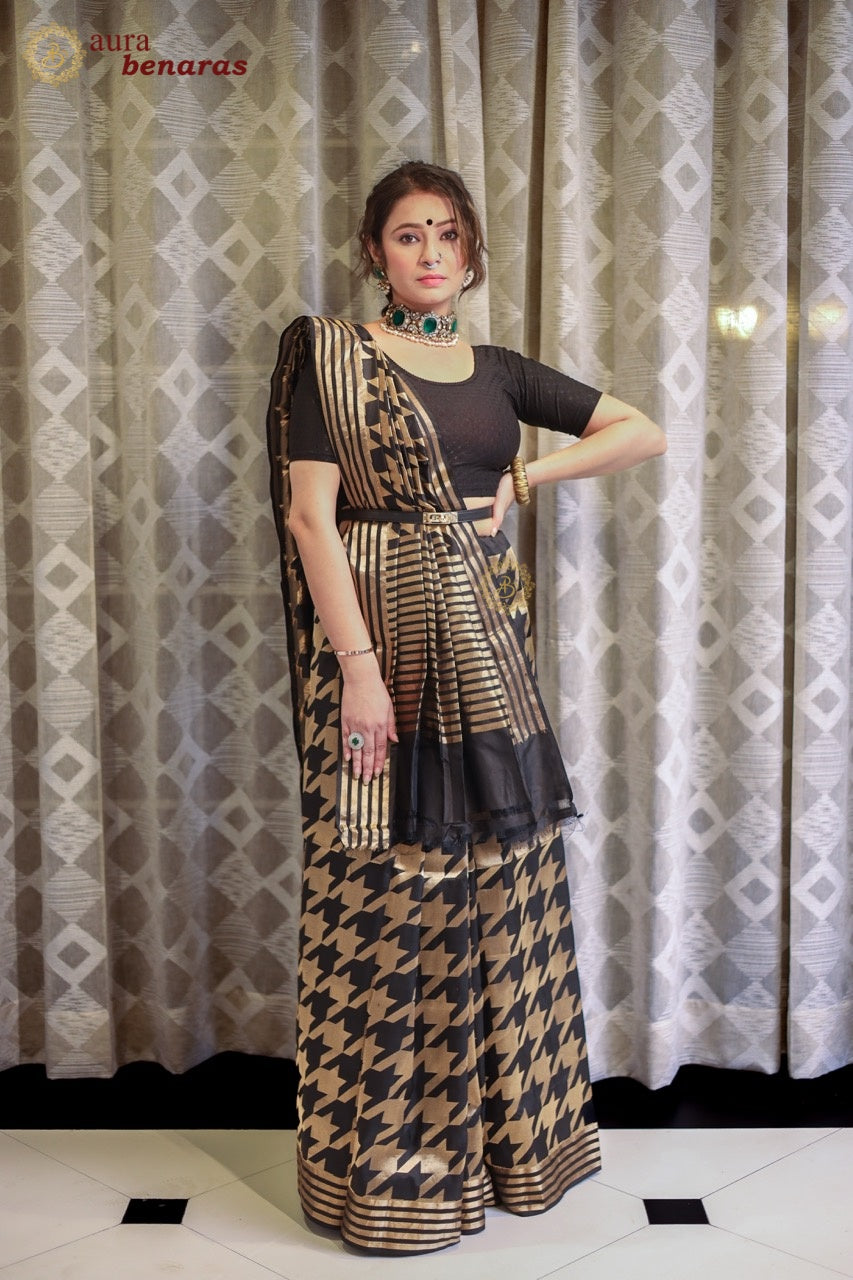 Black Pure Katan Silk Handloom Saree with Floral butas 