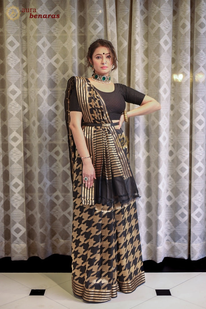 Black Pure Katan Silk Handloom Saree with Floral butas 