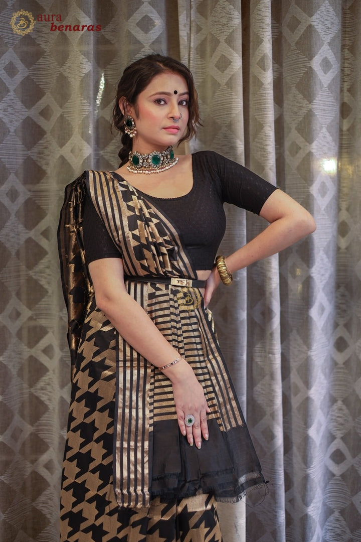 Black Pure Katan Silk Handloom Saree with Floral butas 