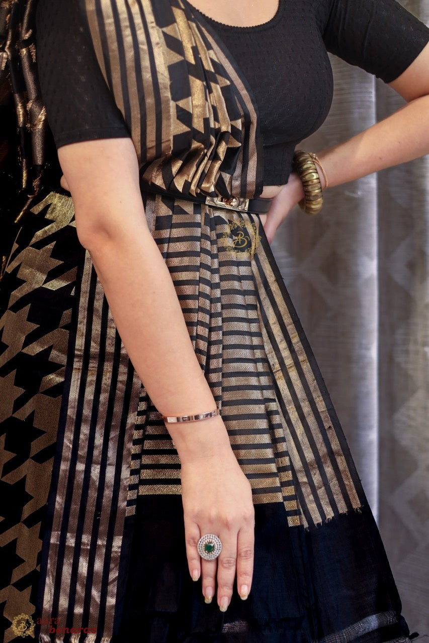 Black Pure Katan Silk Handloom Saree with Floral butas 