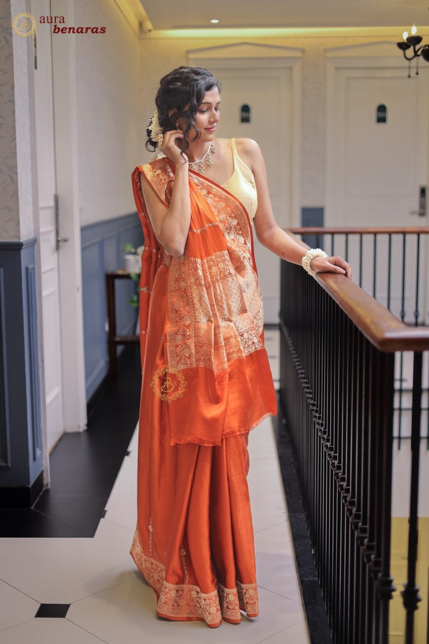 Orange Mashru Silk Banarasi Saree | Golden Zari & Meena Work
