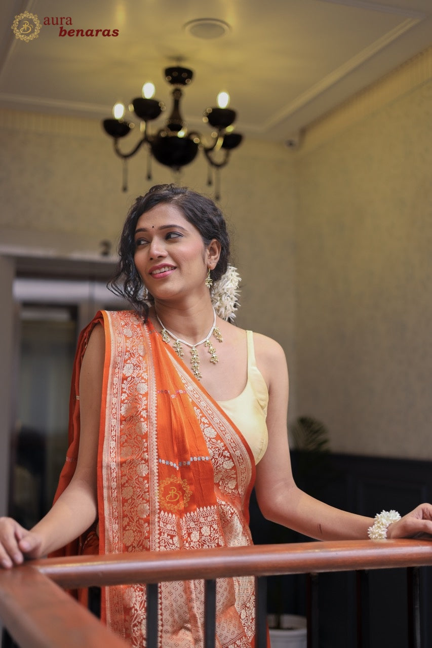 Orange Mashru Silk Banarasi Saree | Golden Zari & Meena Work