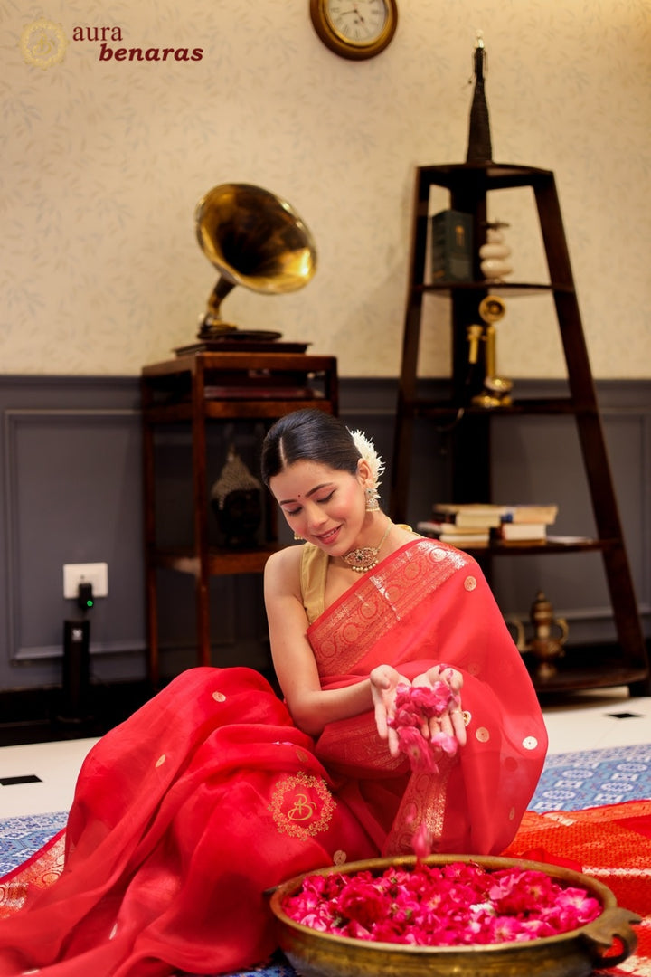 Red Kora Silk Banarasi Saree with Kadhwa Meena butis