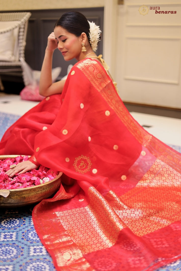 Red Kora Silk Banarasi Saree with Kadhwa Meena butis
