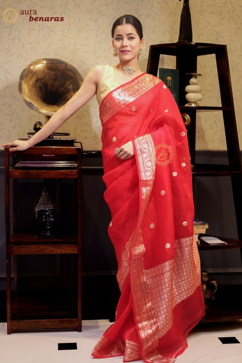 Red Kora Silk Banarasi Saree with Kadhwa Meena butis