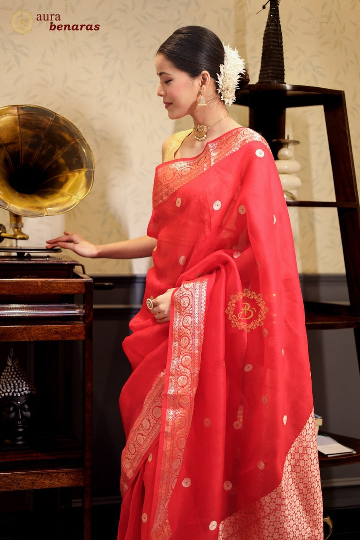 Red Kora Silk Banarasi Saree with Kadhwa Meena butis