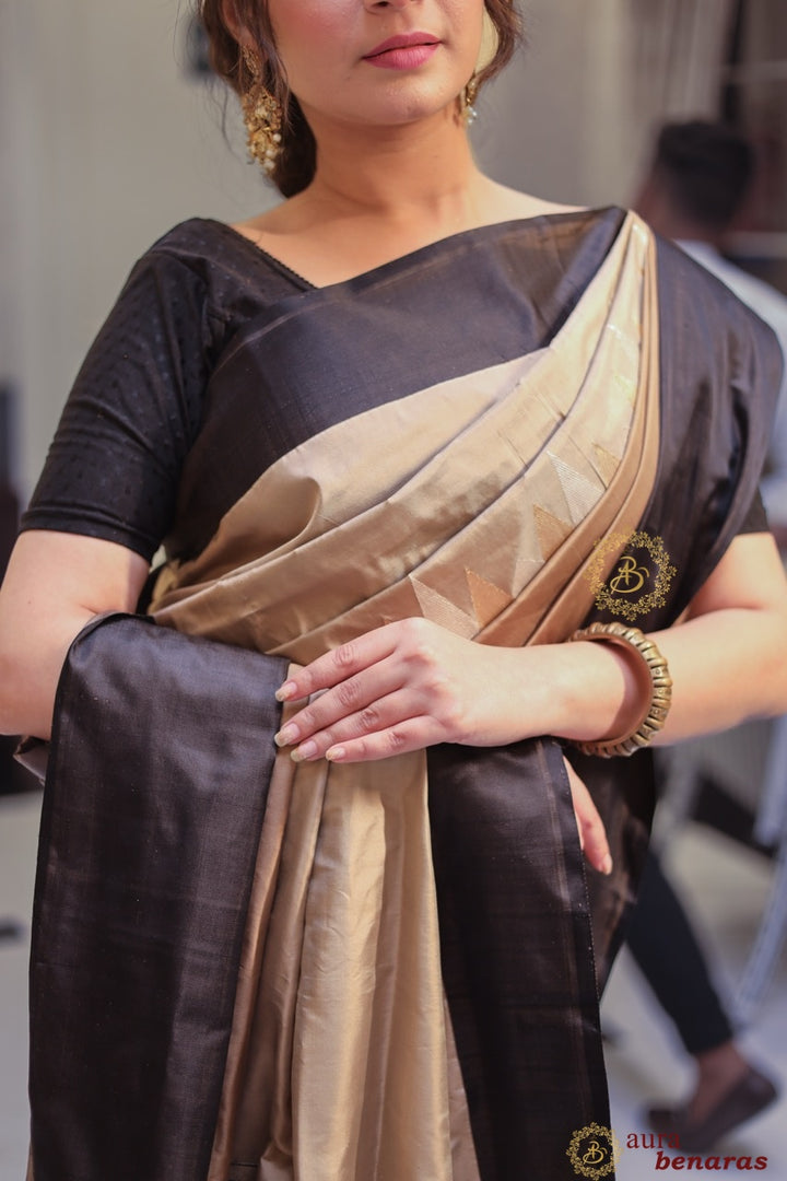 Beige Rangkaat Katan Silk Saree with Kadhwa Zari Work