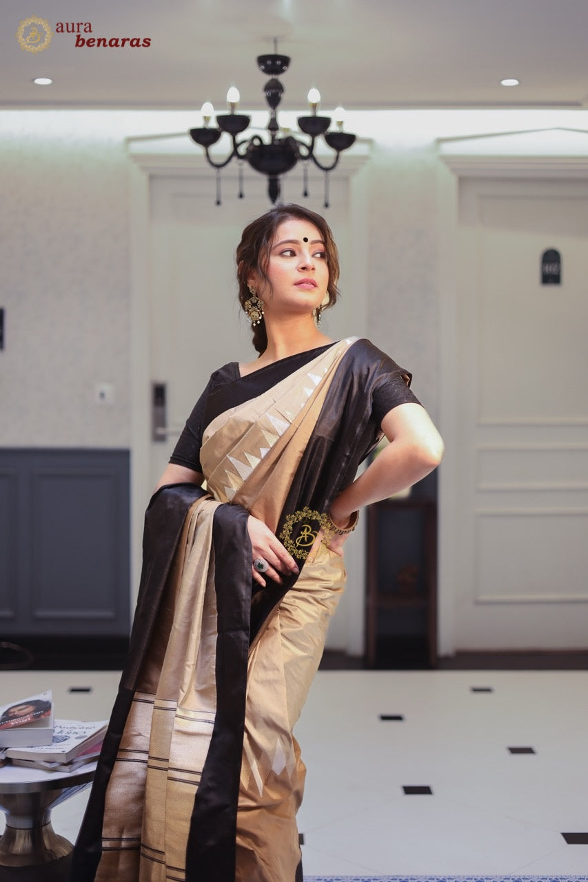 Beige Rangkaat Katan Silk Saree with Kadhwa Zari Work