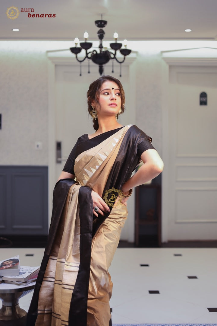Beige Rangkaat Katan Silk Saree with Kadhwa Zari Work