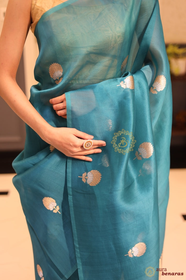 Rama Blue Kora Silk Banarasi Saree with Sona Rupa Butis