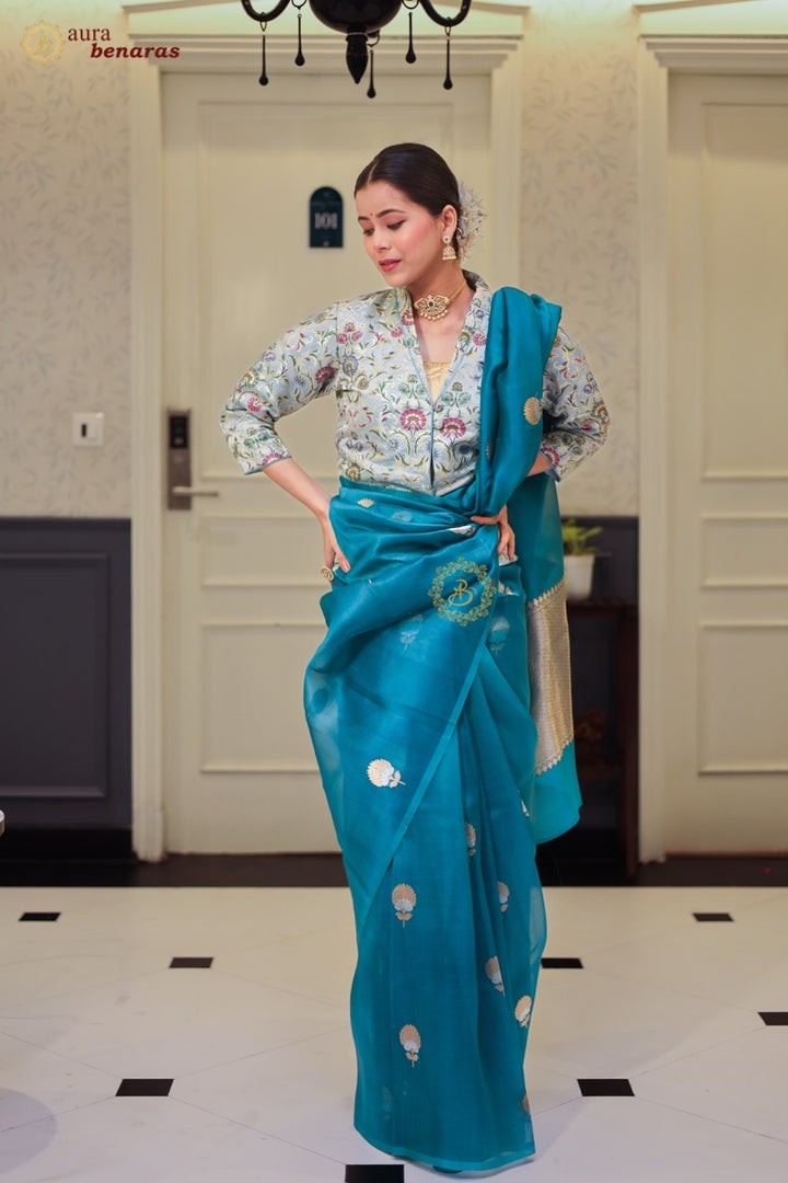 Rama Blue Kora Silk Banarasi Saree with Sona Rupa Butis