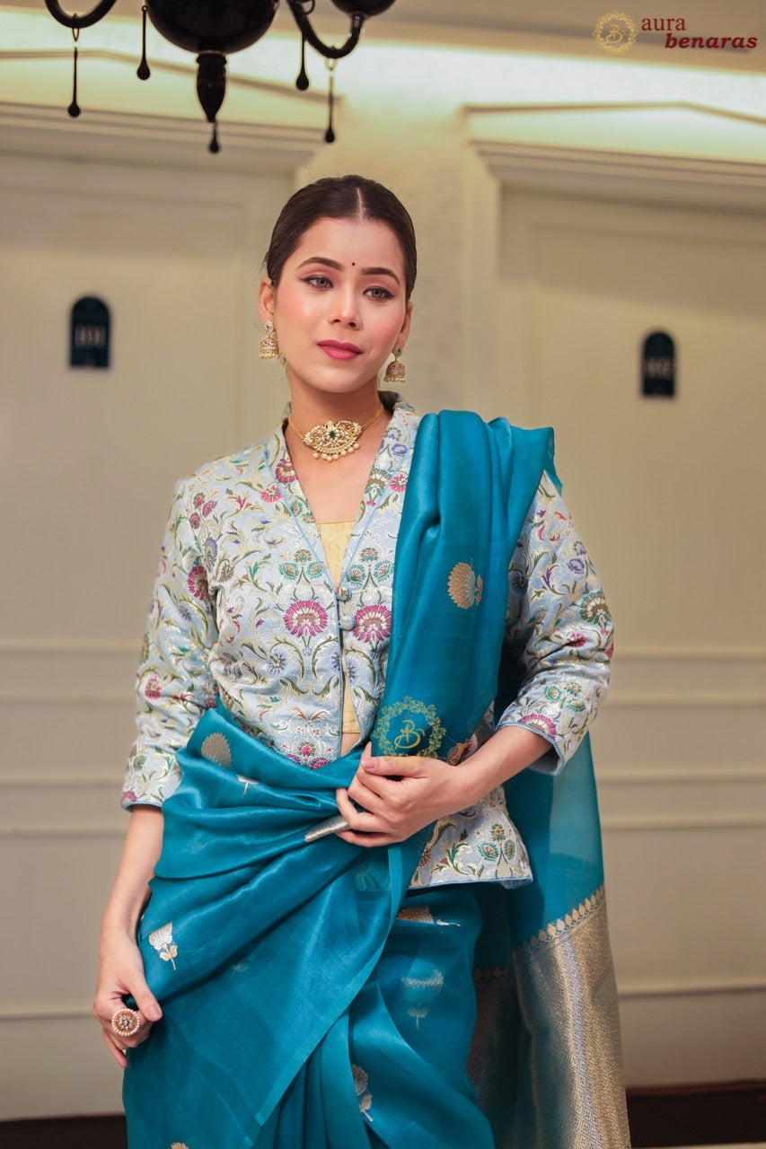 Rama Blue Kora Silk Banarasi Saree with Sona Rupa Butis