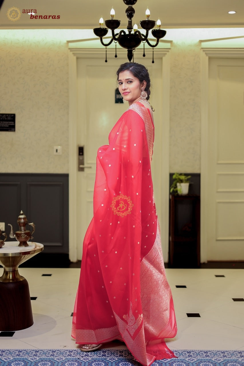 Bridal Red Pure Kora Silk Banarasi Saree with Konia