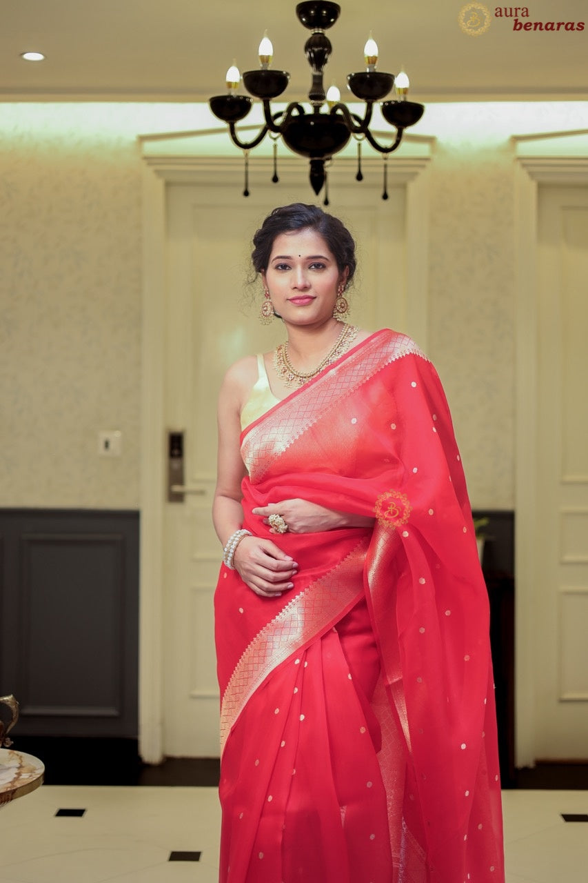 Bridal Red Pure Kora Silk Banarasi Saree with Konia