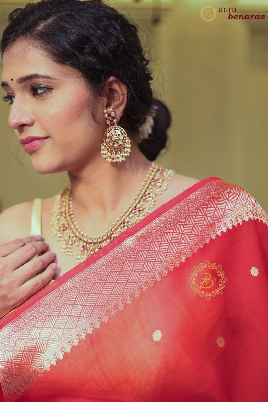 Bridal Red Pure Kora Silk Banarasi Saree with Konia