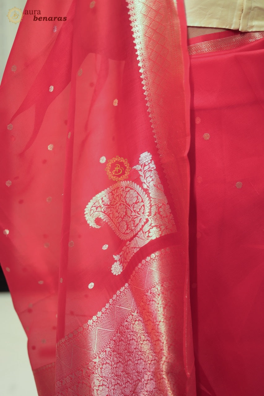 Bridal Red Pure Kora Silk Banarasi Saree with Konia