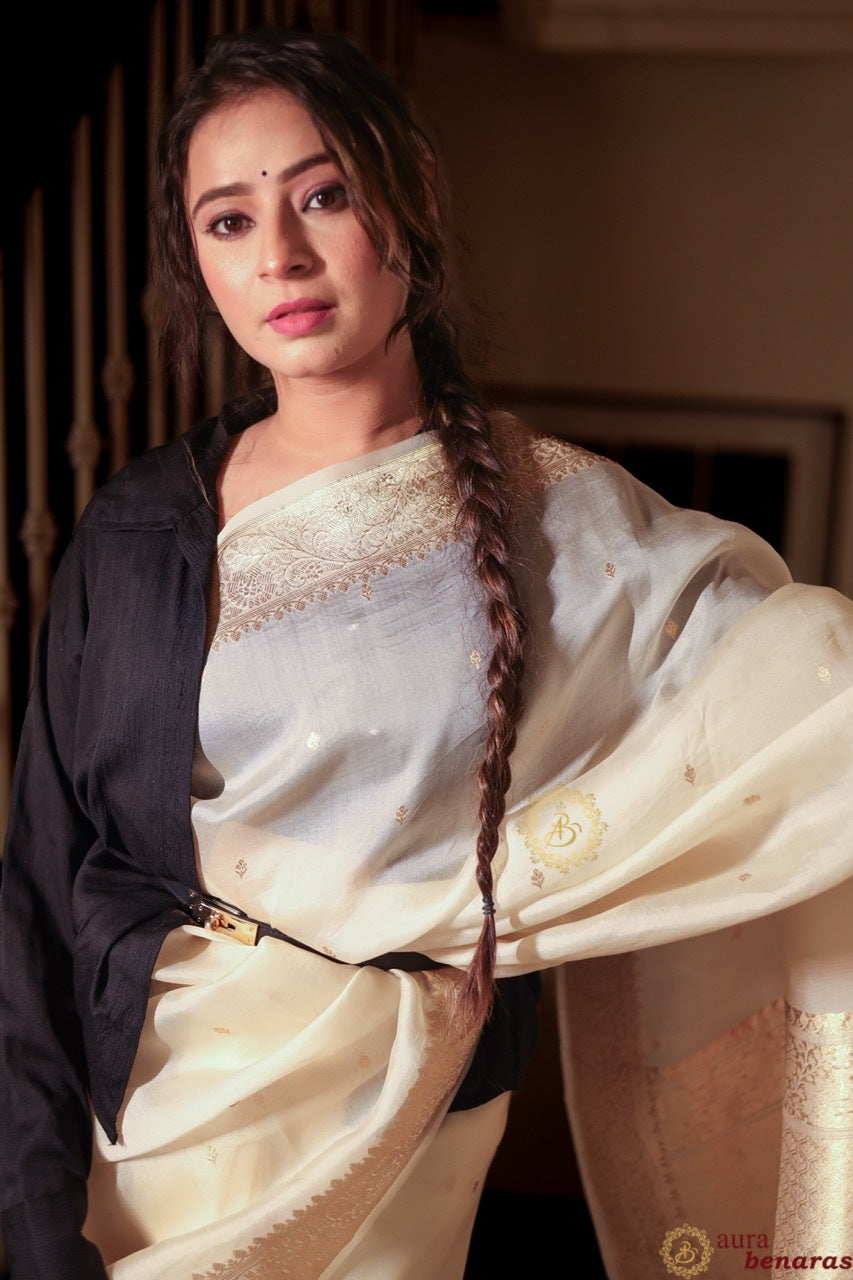 Cream Pure Kora Silk Handloom Banarasi Saree