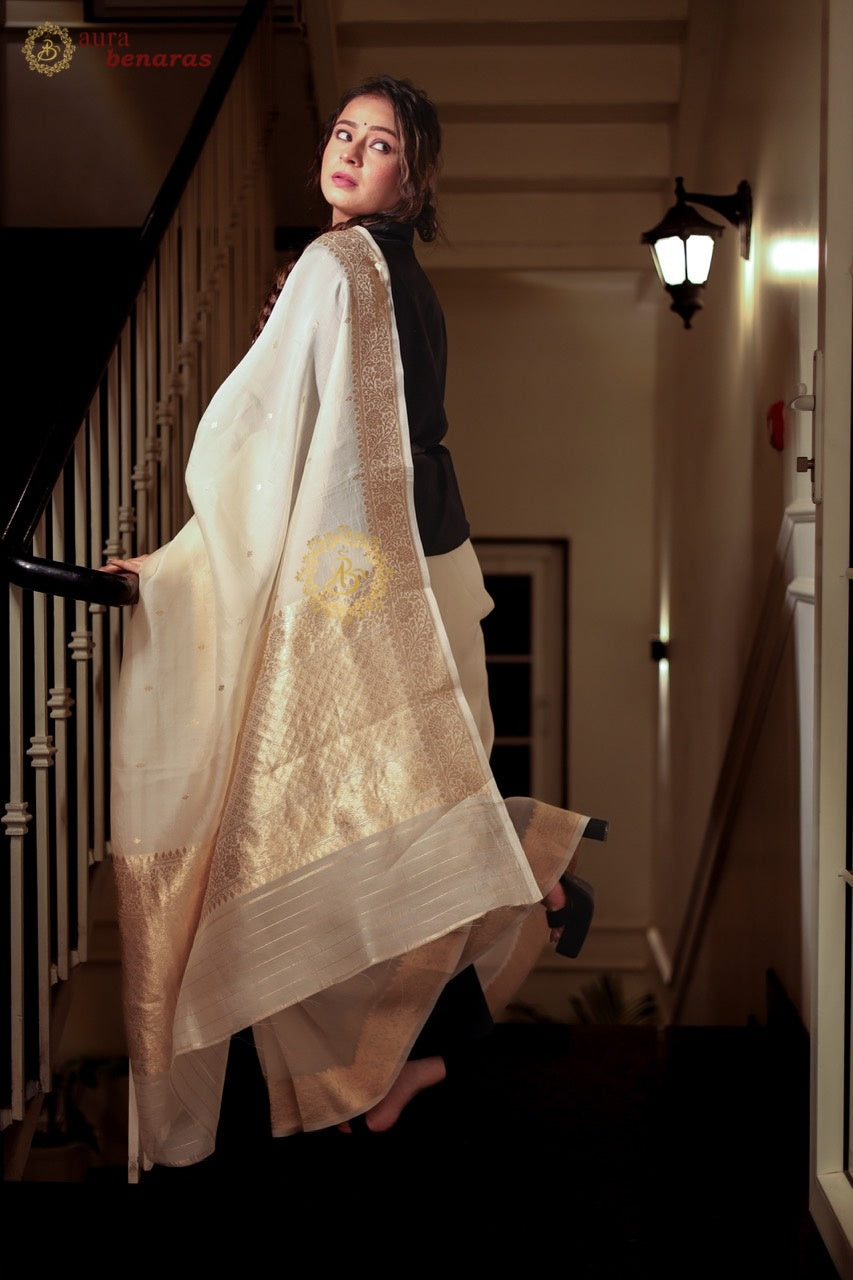 Cream Pure Kora Silk Handloom Banarasi Saree