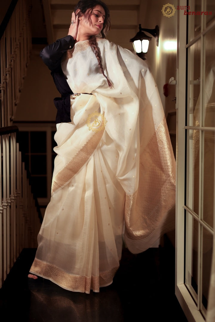 Cream Pure Kora Silk Handloom Banarasi Saree