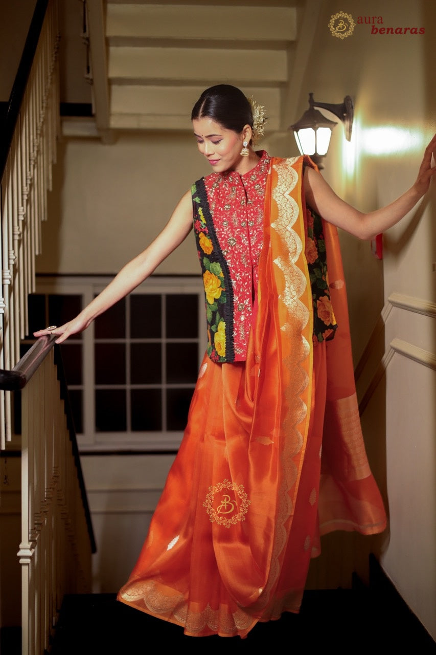 Orange Pure Kora Silk Banarasi Saree with Zari Scallop Bd
