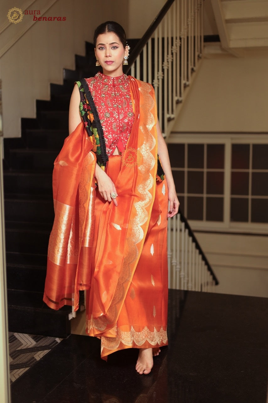 Orange Pure Kora Silk Banarasi Saree with Zari Scallop Bd