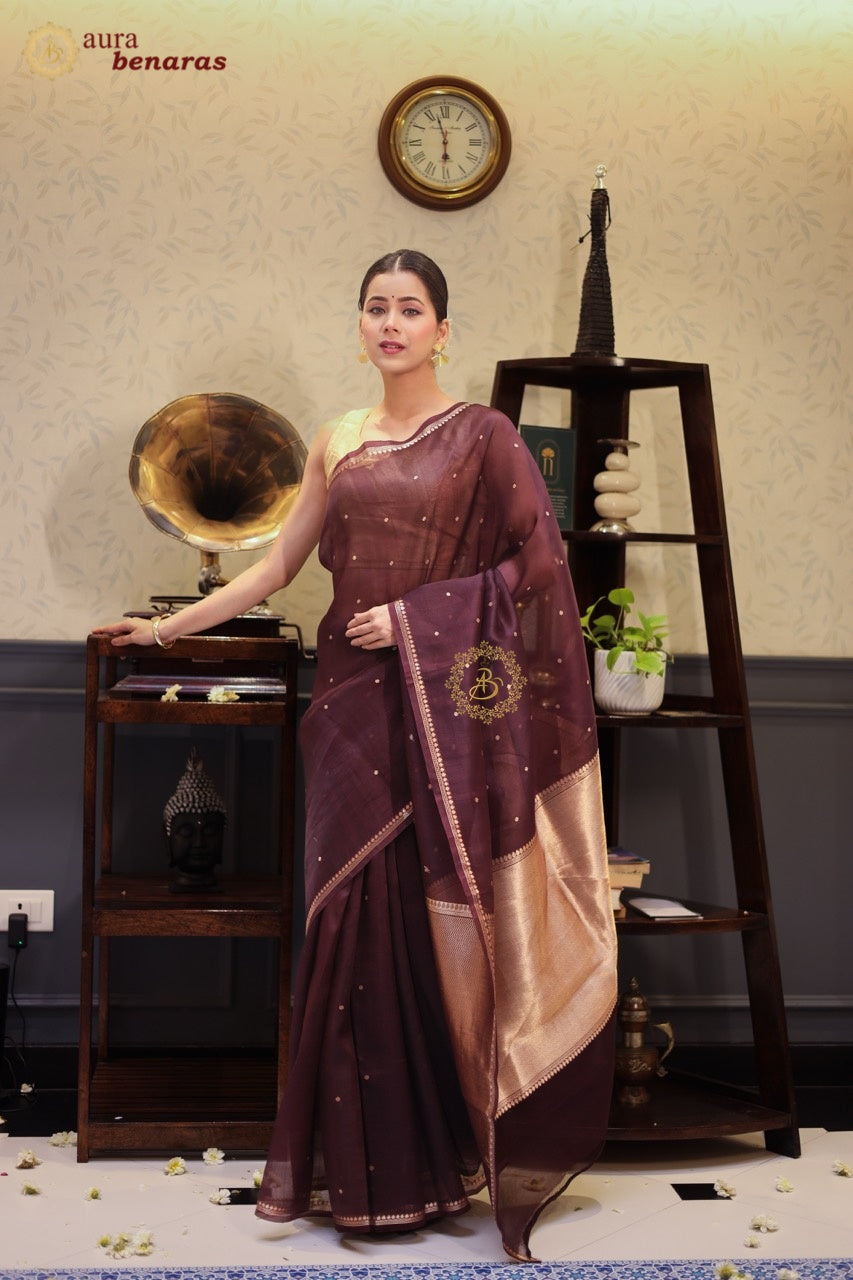 Coffee Brown Kora Silk Banarasi Saree with Golden zari Buti