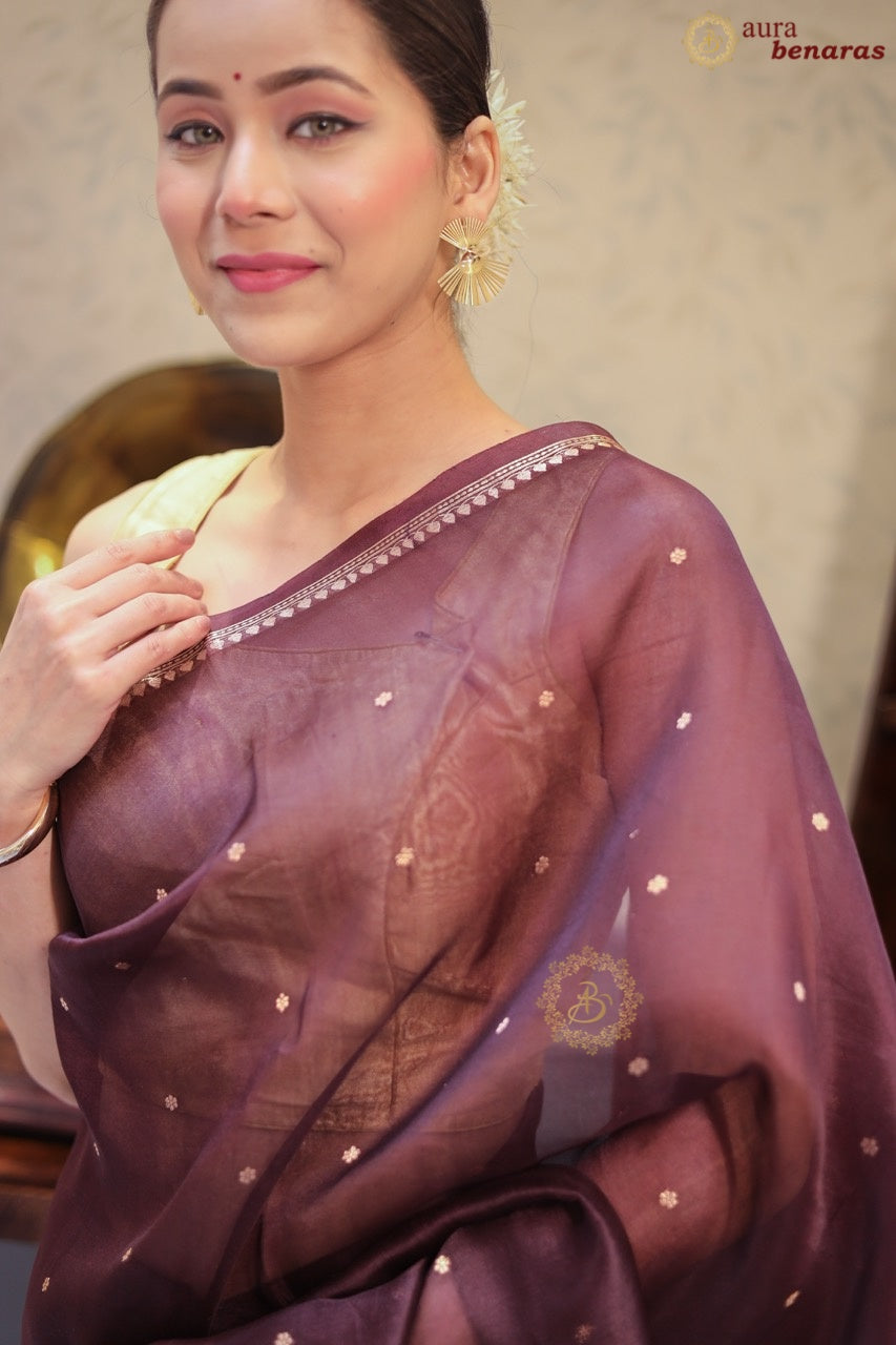 Coffee Brown Kora Silk Banarasi Saree with Golden zari Buti