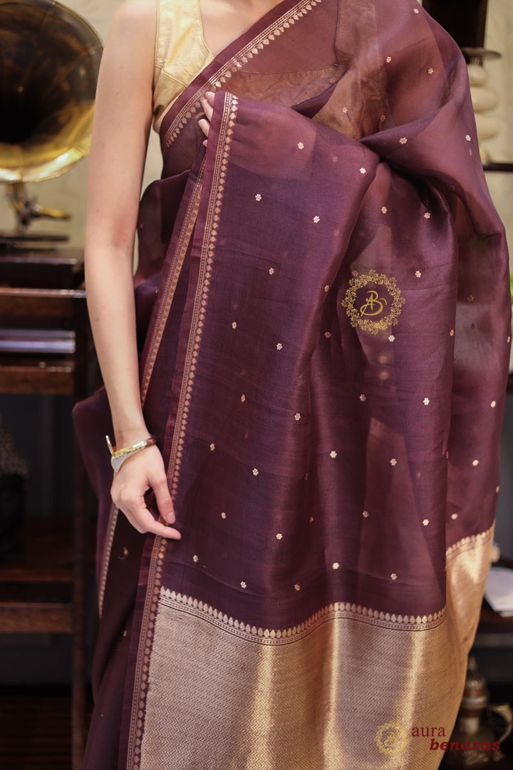 Coffee Brown Kora Silk Banarasi Saree with Golden zari Buti