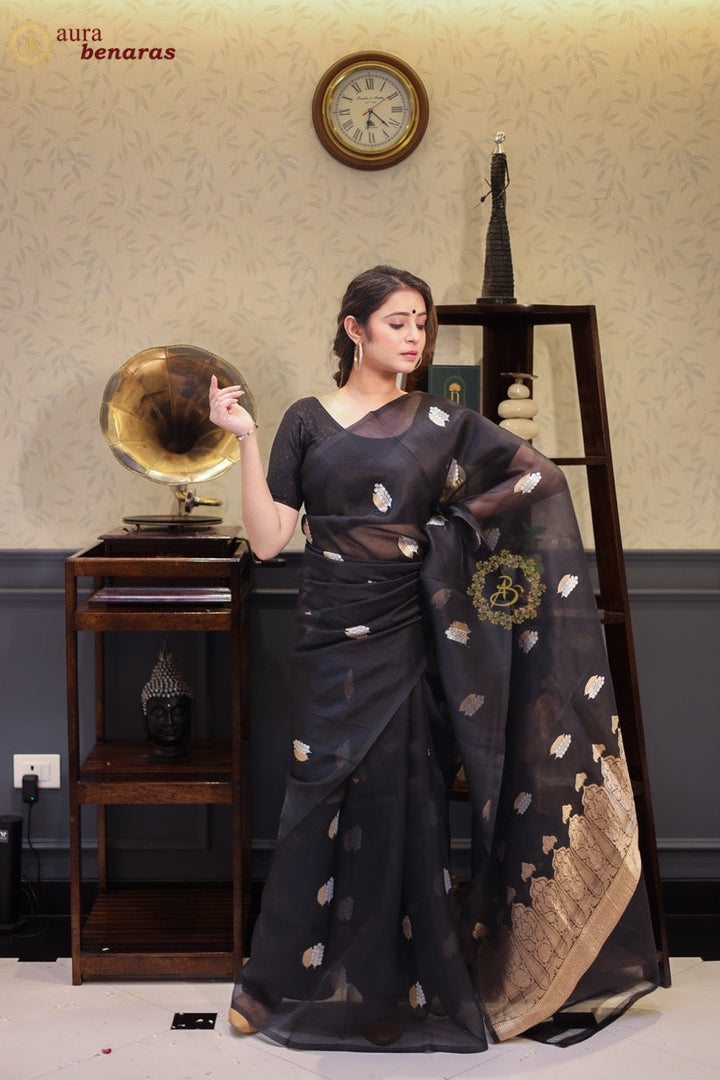 Black Kora Silk Banarasi Saree with Sona Rupa Butis