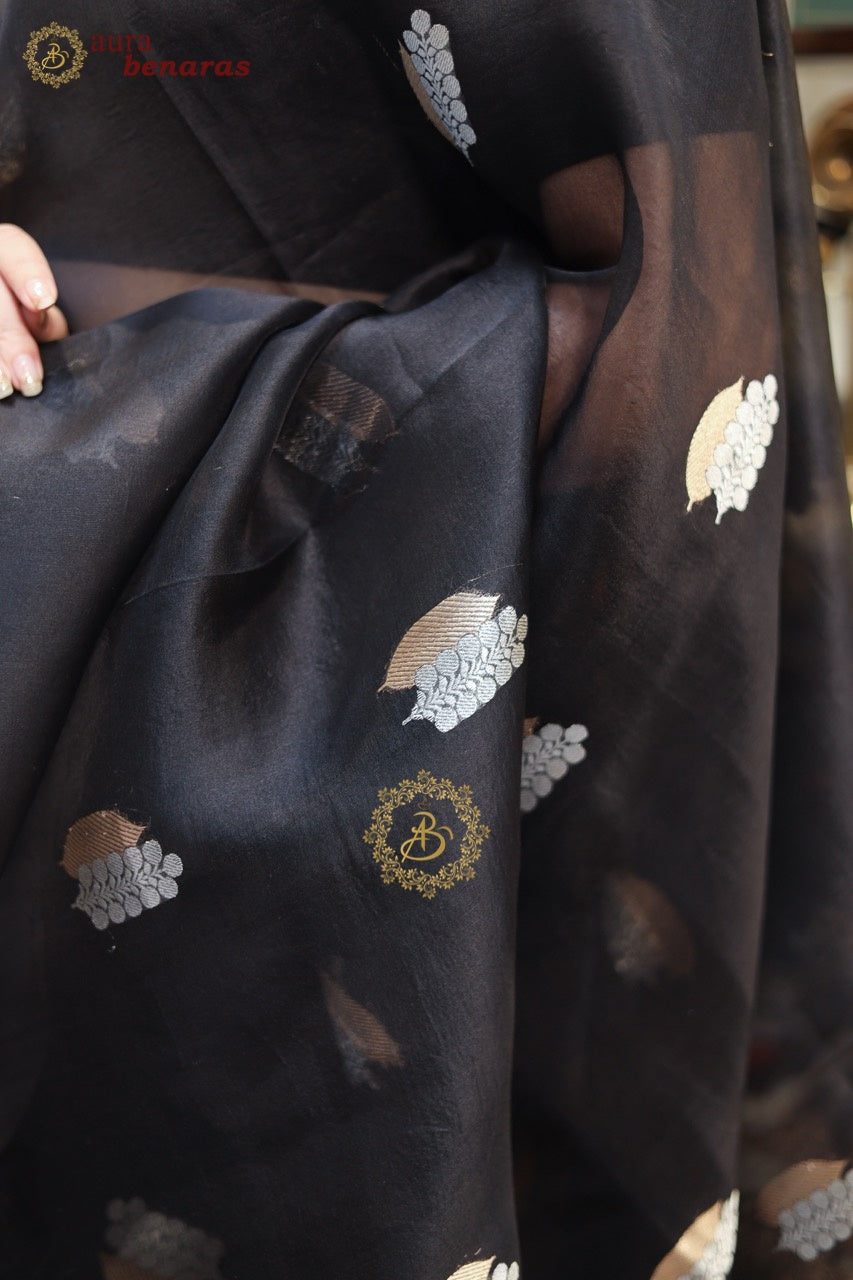 Black Kora Silk Banarasi Saree with Sona Rupa Butis