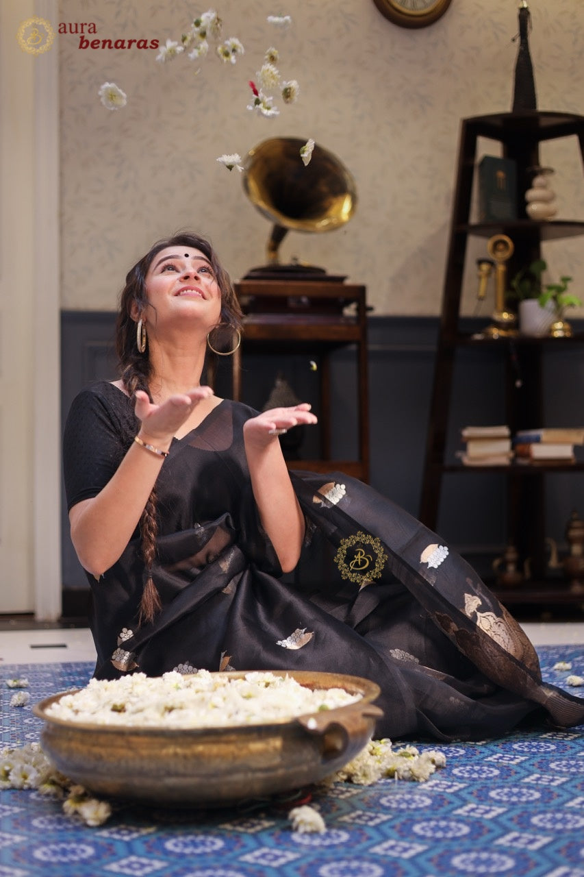 Black Kora Silk Banarasi Saree with Sona Rupa Butis