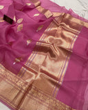 Onion Pink Pure Banarasi Handloom Kora Silk Saree - Aura Benaras