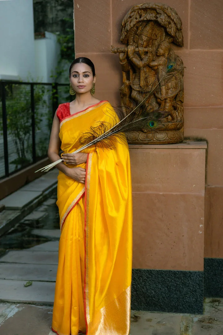 Plain Yellow Pure Silk Banarasi Saree with Kadhwa Border