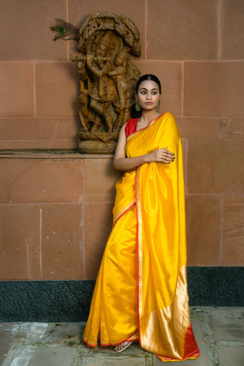 Plain Yellow Pure Silk Banarasi Saree with Kadhwa Border