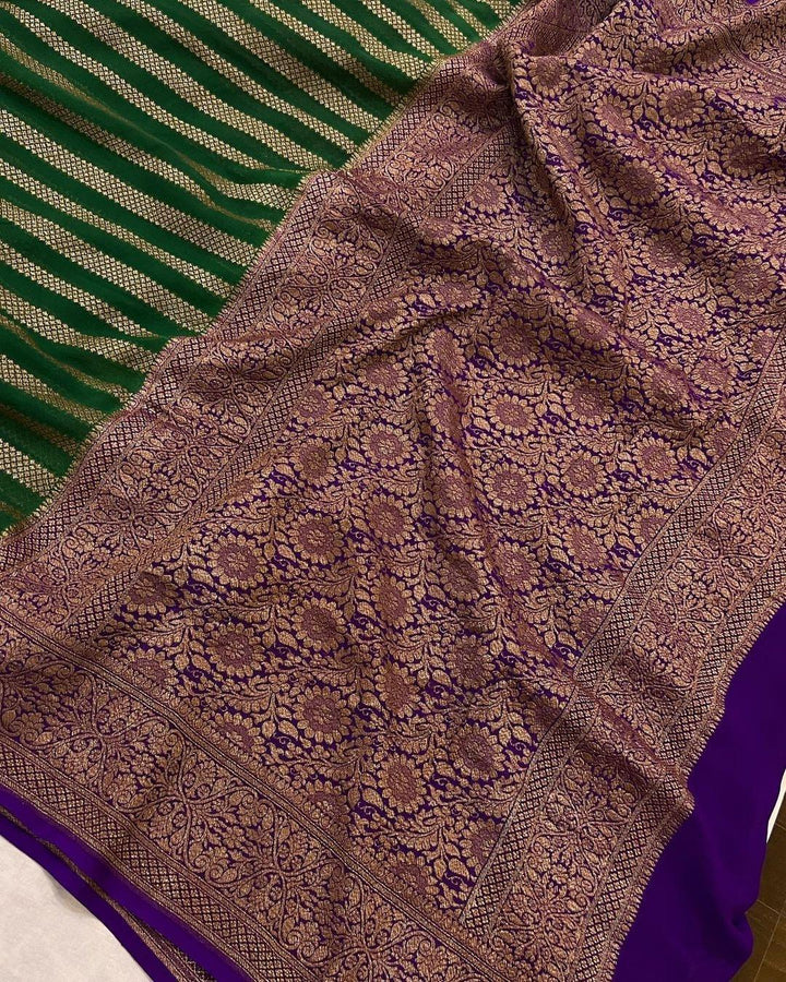 Dark Green Pure Banarasi Khaddi Georgette Saree - Aura Benaras