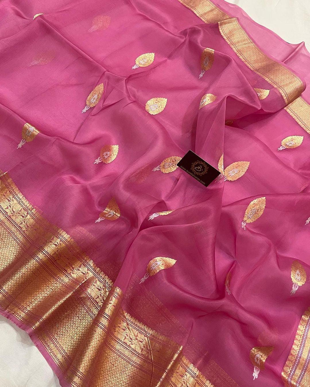 Onion Pink Pure Banarasi Handloom Kora Silk Saree - Aura Benaras