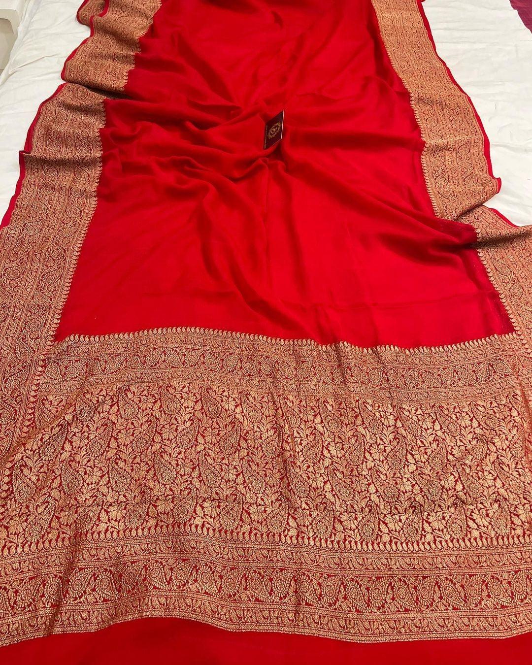 Red Pure Banarasi Handloom Khaddi Georgette Saree