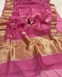 Onion Pink Pure Banarasi Handloom Kora Silk Saree - Aura Benaras