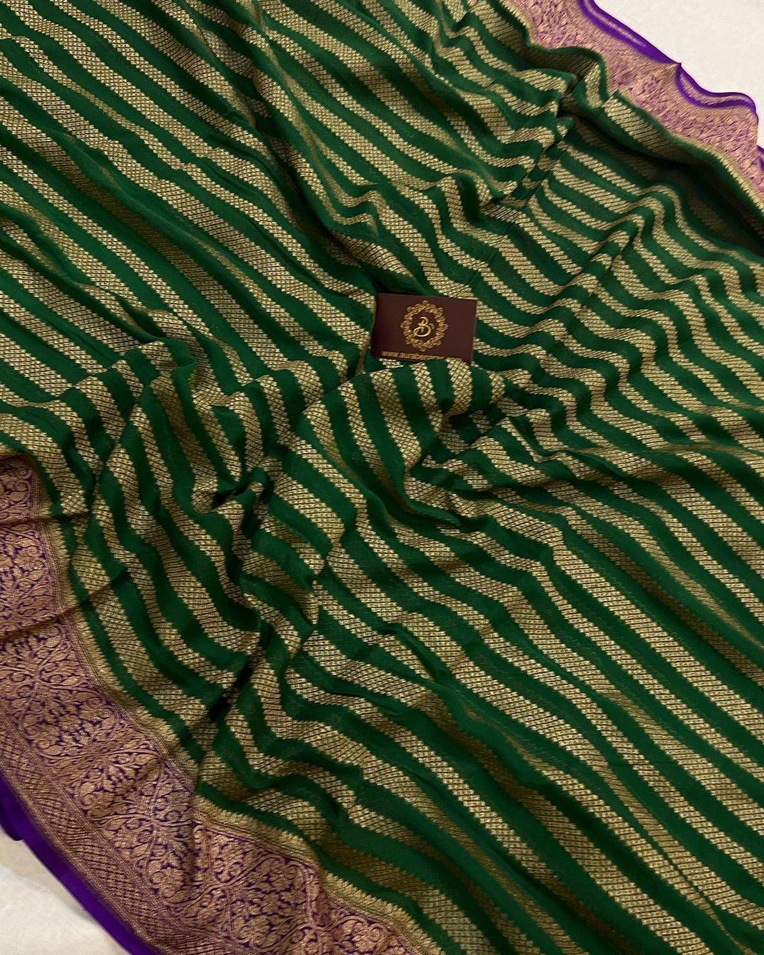 Dark Green Pure Banarasi Khaddi Georgette Saree - Aura Benaras