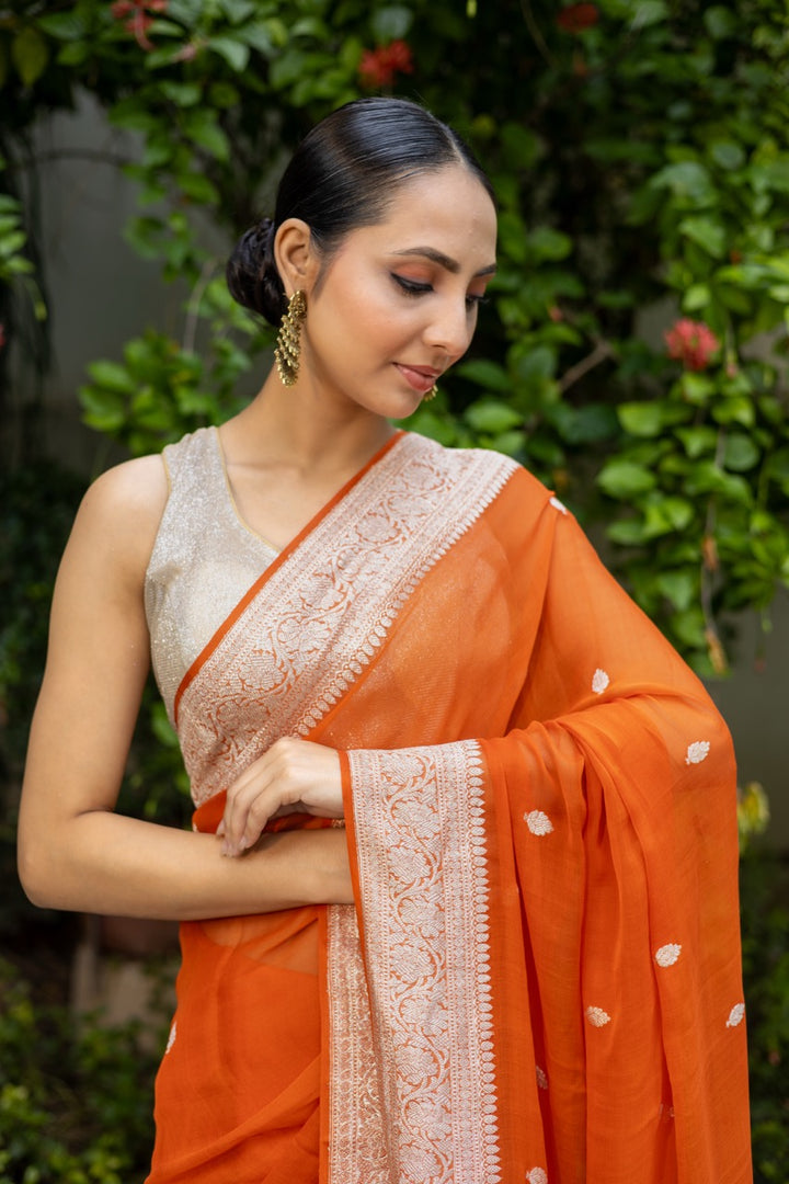 Orange Khaddi Chiffon Banarasi Handloom Saree