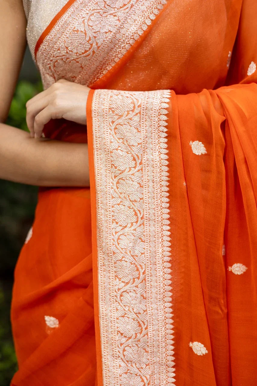 Orange Banarasi Sari with Silver Zari – Elegant Festive Wear