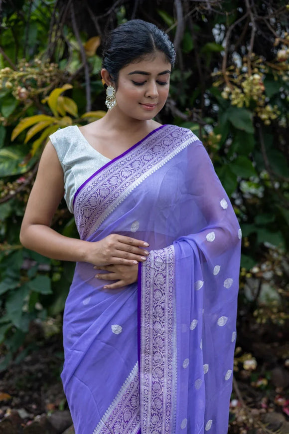 Lilac Banarasi Sari with Silver Zari – Elegant Festive Wear